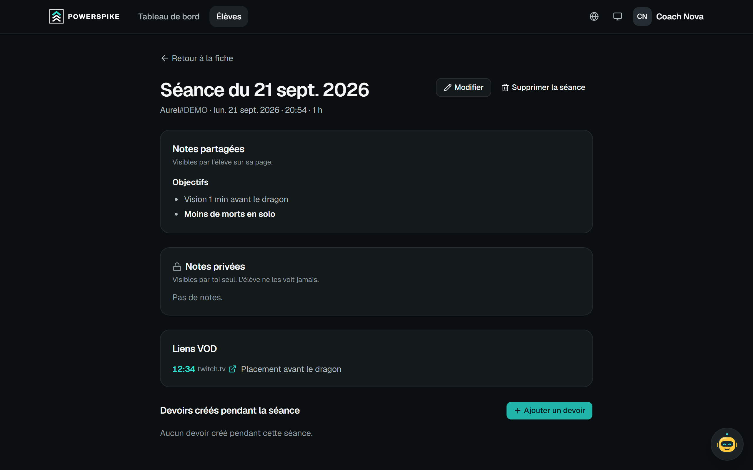 Une séance : notes partagées, notes privées et liens VOD