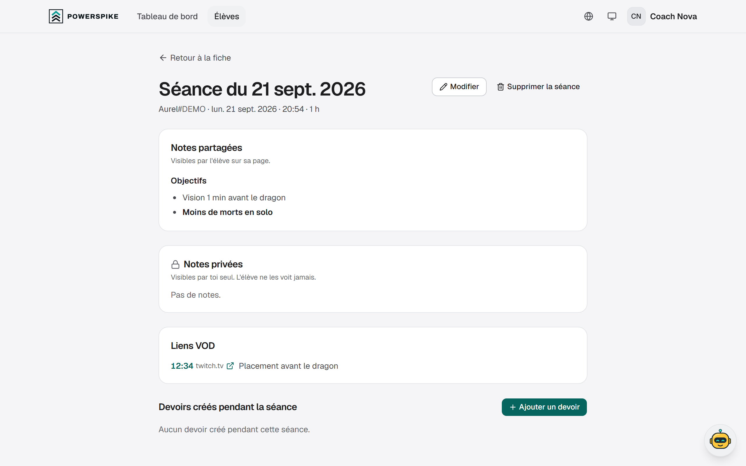 Une séance : notes partagées, notes privées et liens VOD